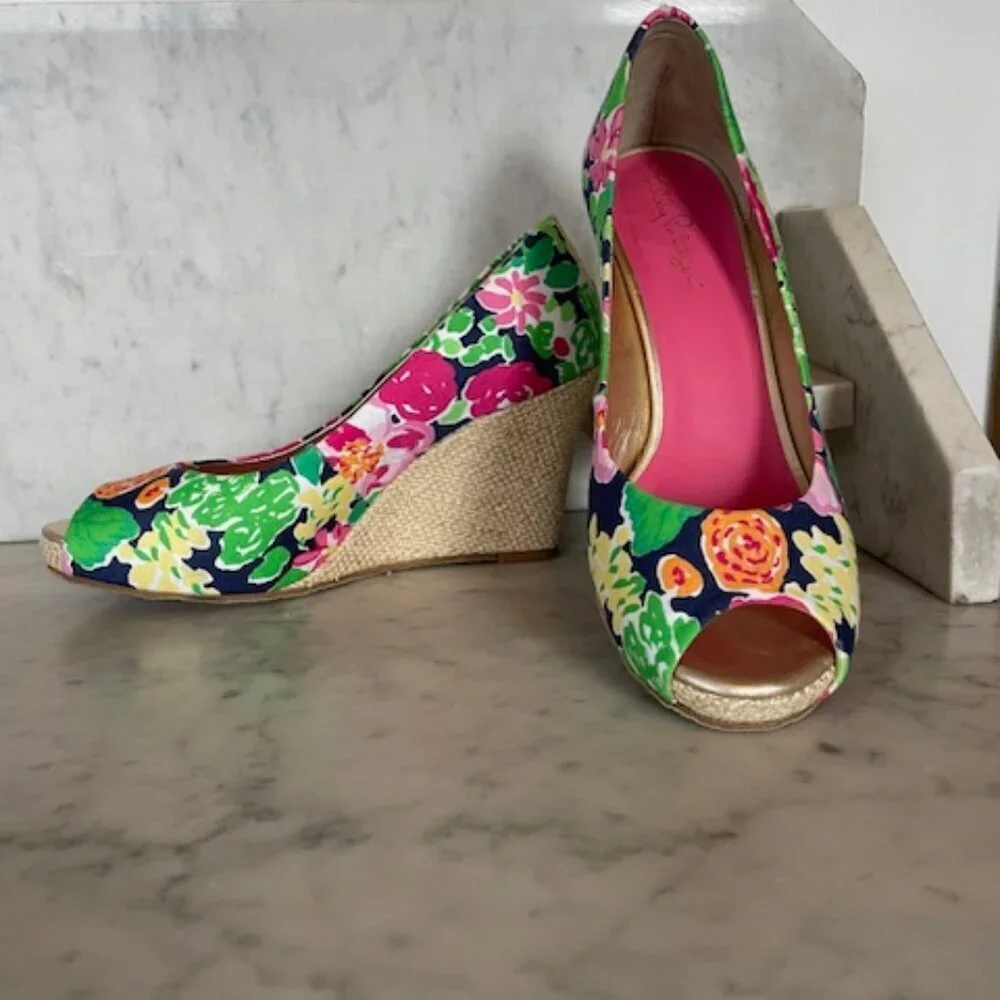 LILLY PULITZER Resort Chic Wedge Mini Getaway Garden Peep Toe Espadrille…